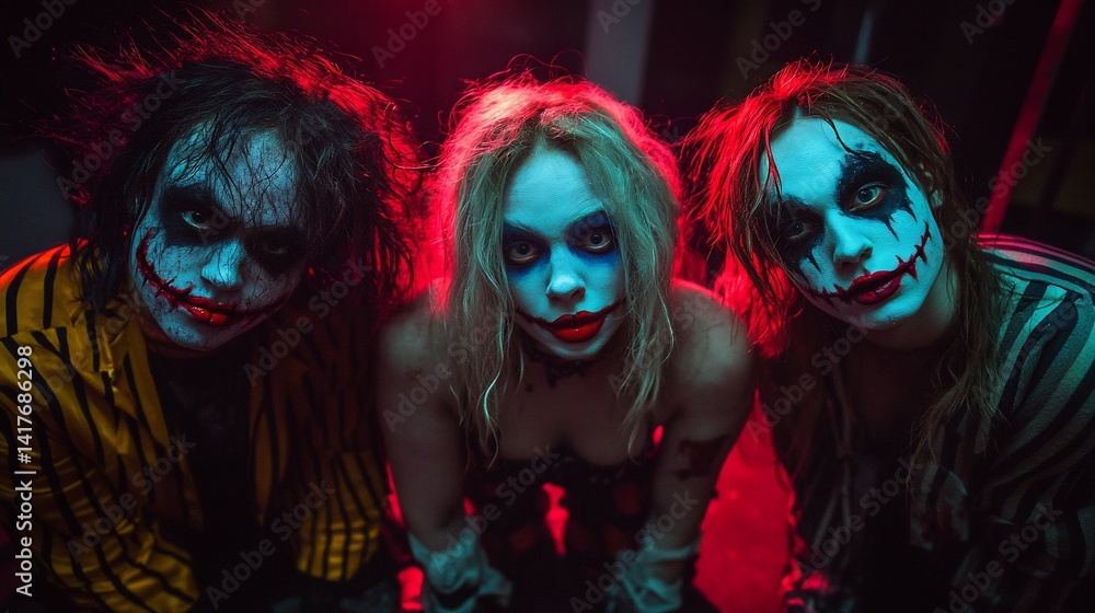 Fototapeta premium Three people in clown makeup looking at viewer in dark, moody, atmospheric background