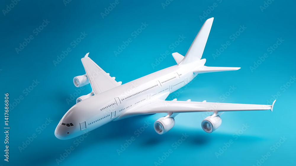 Naklejka premium airplane isolated. Top flat view, White Airplane Model on Light Blue Background