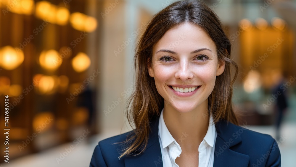 Smiling professional woman in a suit, bright office building interior background Smiling professional woman in a suit, bright office building interior background