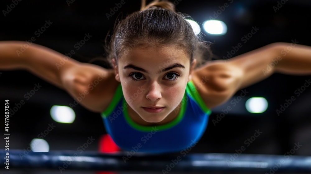 Fototapeta premium Young gymnast performs a challenging upper body exercise.