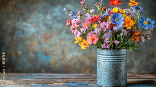 Rustic Arrangement of Colorful Wildflowers in Vintage Metal Vase on Wooden Table with Artistic Background