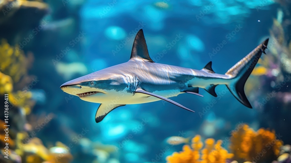 Obraz premium Majestic Shark Swimming Gracefully in Clear Ocean Waters Surrounded by Colorful Coral Reef and Marine Life