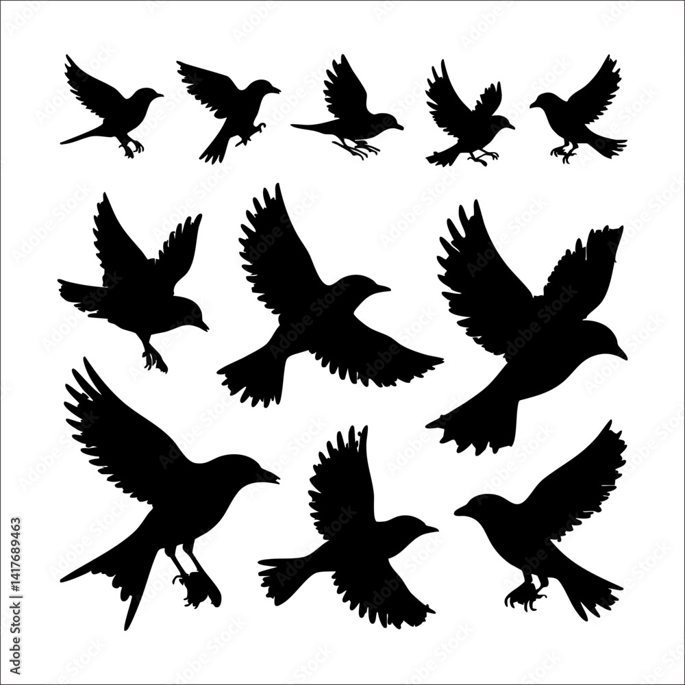 set of vector silhouettes of birds set of vector silhouettes of birds
