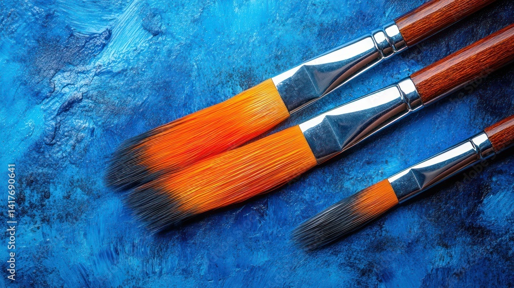 Fototapeta premium Three orange-haired paintbrushes on blue textured surface