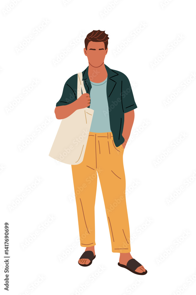 Young man standing in casual street fashion summer clothes with bag. Handsome male character flat colorful vector illustration isolated on transparent background Young man standing in casual street fashion summer clothes with bag. Handsome male character flat colorful vector illustration isolated on transparent background