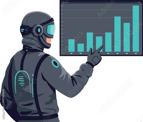 Futuristic man wearing helmet pointing at ascending bar chart in flat digital vector art