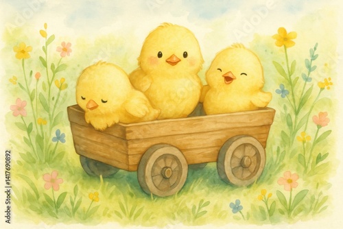 Three cute chickens riding in a wooden cart surrounded by watercolor grass and flowers