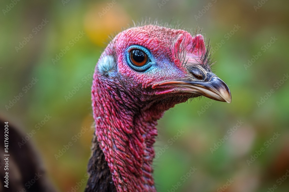Close-up of a vibrant turkey with bright red and blue head Close-up of a vibrant turkey with bright red and blue head