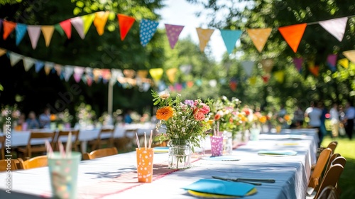 Outdoor garden party with colorful bunting and floral table decorations