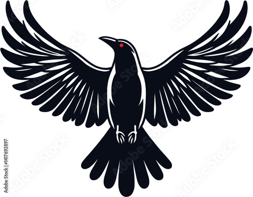Gothic Raven Vector with Spread Wings – Dark Bird in Flight Illustration, Vector of a gothic raven with wings spread wide in flight, detailed feathers and red eye