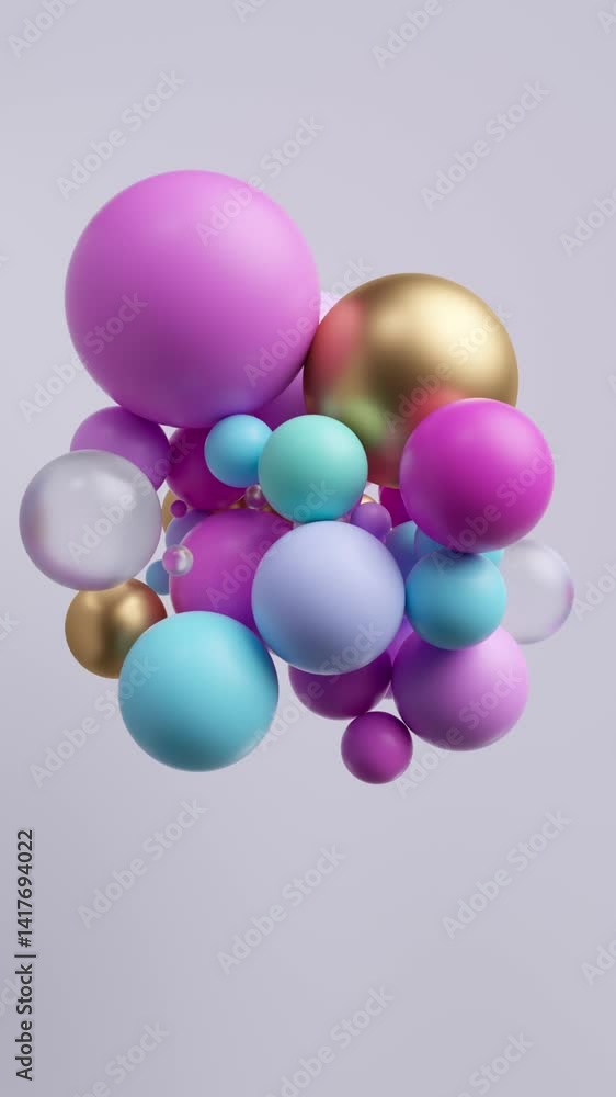 cycled 3d animation, abstract modern geometric wallpaper. Pink blue gold assorted glass balls. Lump made of chaotic multicolored particles stick together isolated on white background, gravity concept cycled 3d animation, abstract modern geometric wallpaper. Pink blue gold assorted glass balls. Lump made of chaotic multicolored particles stick together isolated on white background, gravity concept