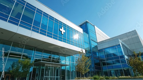 A modern hospital exterior with a bright blue sky and clean glass windows.