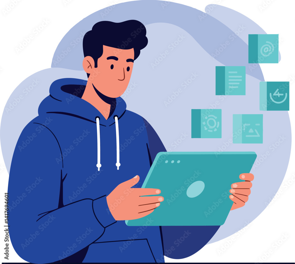 Young man in blue hoodie using digital tablet with floating icons flat design vector illustration Young man in blue hoodie using digital tablet with floating icons flat design vector illustration