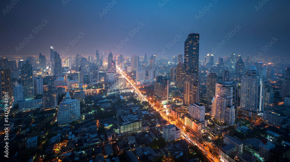 Naklejka premium Nighttime Aerial View of Illuminated and a River in a Modern City.