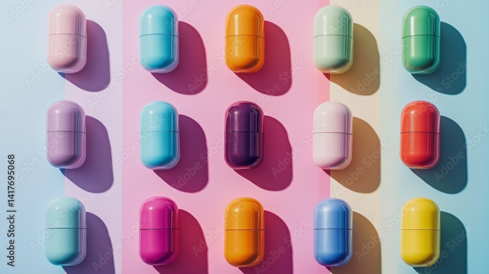 Colorful capsules arranged symmetrically on pastel backgrounds in vibrant hues Colorful capsules arranged symmetrically on pastel backgrounds in vibrant hues