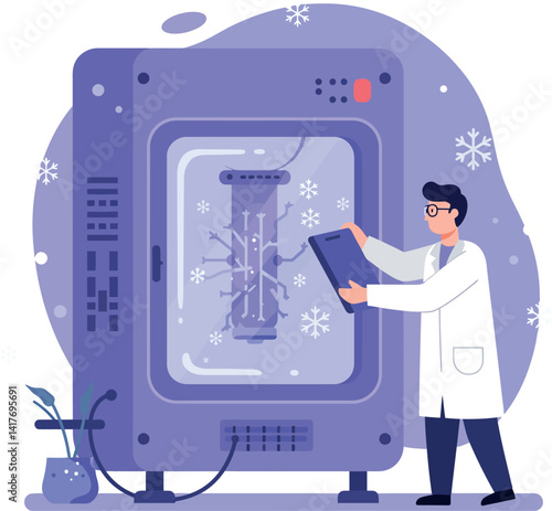 Scientist operating large cryogenic freezer with plant sample in flat modern vector illustration