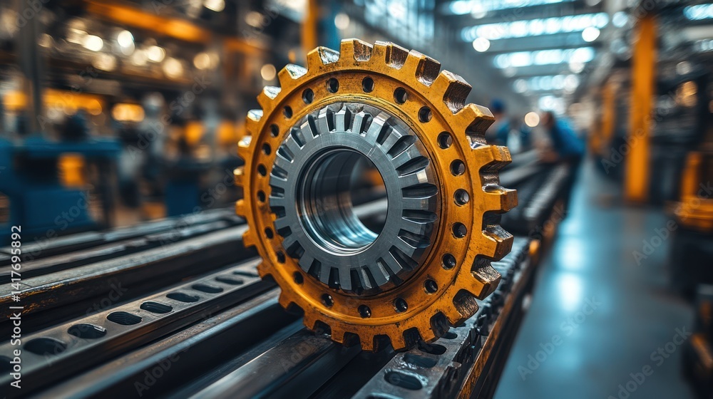 Close-up of a large industrial gear on a factory floor. Close-up of a large industrial gear on a factory floor.