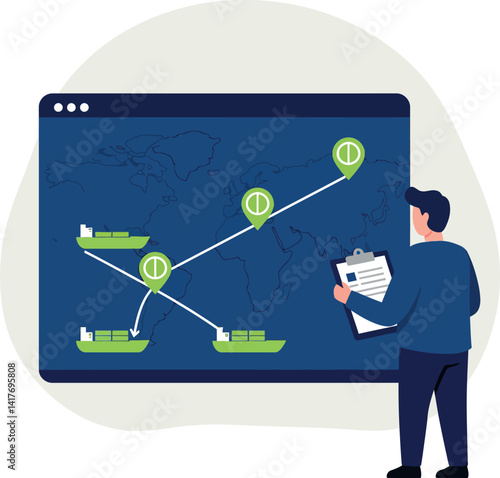 Businessman analyzing global shipping routes on digital map flat design vector illustration