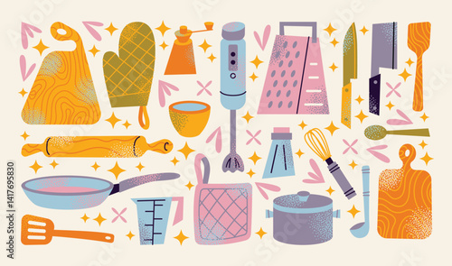 Various kitchen utensils cutting boards, gloves, grater, blender, knife, ladle, whisk, rolling pin, frying pan, salt shaker, cup, and measuring cup. Flat vector illustration. Cooking tools and kitchen