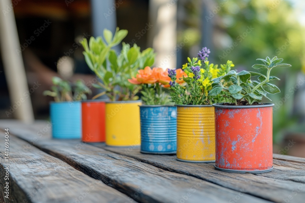 Colorful upcycled tin cans as planters with vibrant flowers and foliage on rustic wooden table