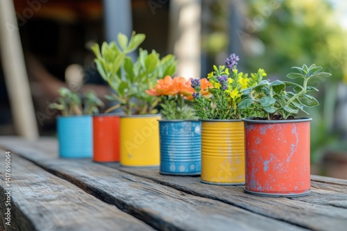 Colorful upcycled tin cans as planters with vibrant flowers and foliage on rustic wooden table