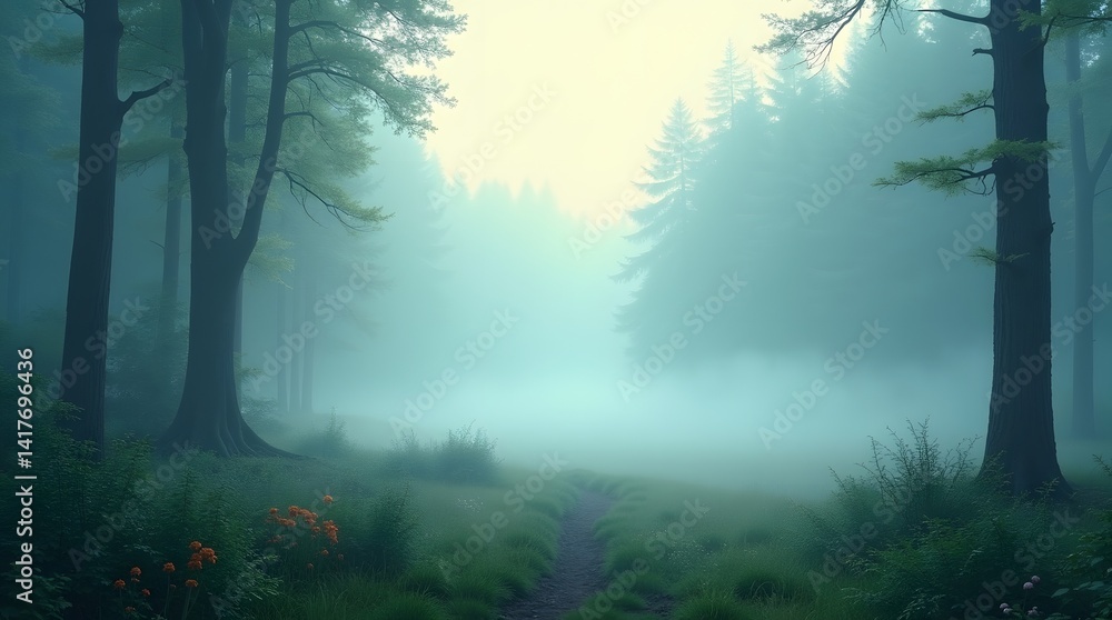 Fototapeta premium Serene Misty Forest Landscape in Cool Color Palette with Fog Rolling Through Tall Trees at Dawn
