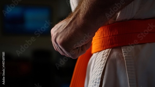 Martial arts practitioner's orange belt and clenched fists.