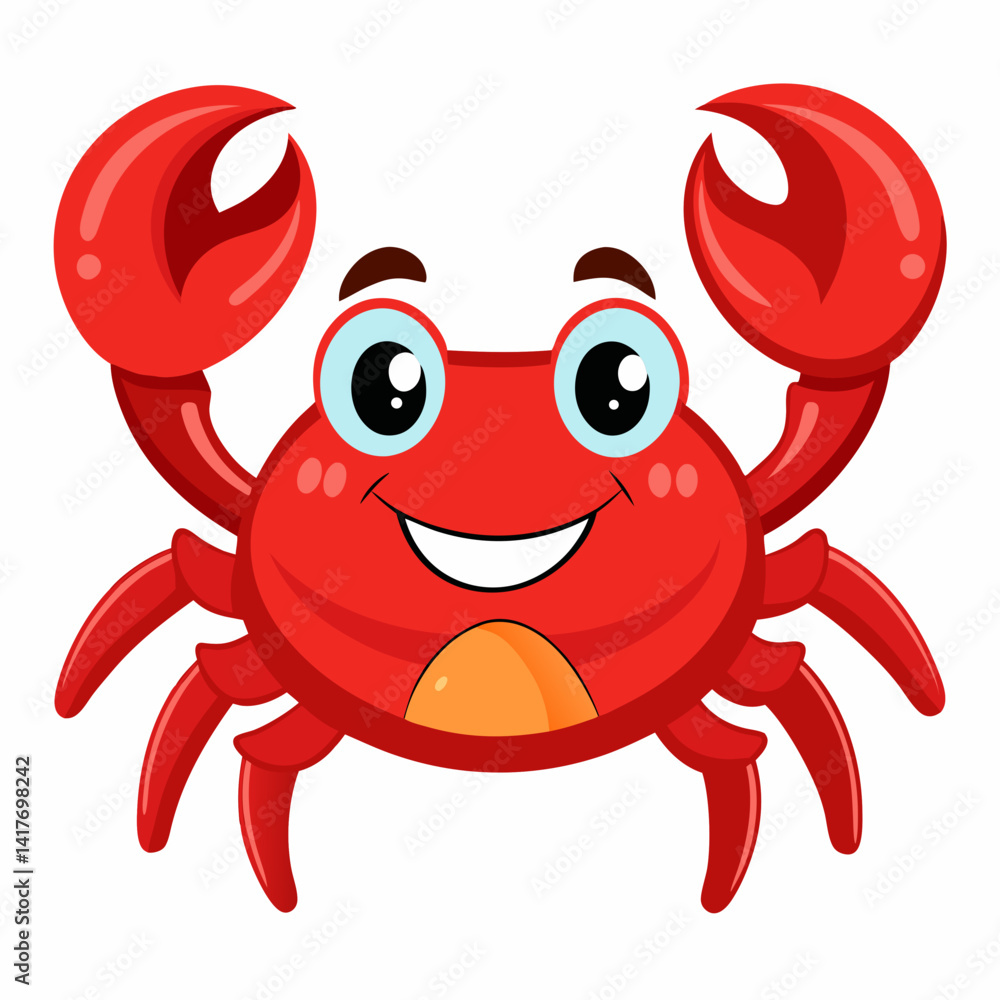 Fototapeta premium Cartoon red crab with claws and smiling face