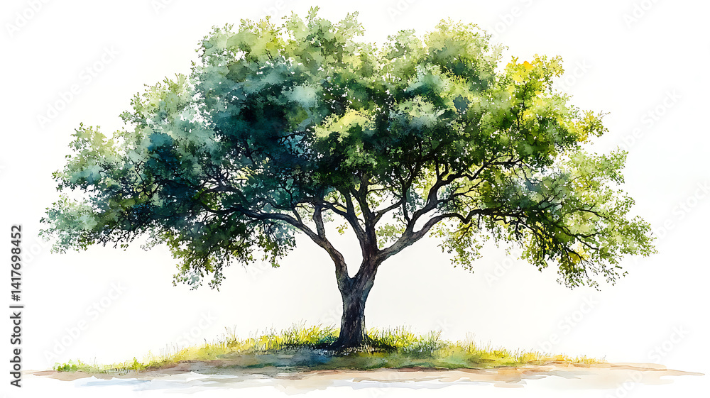 Fototapeta premium Watercolor tree illustration with lush green foliage isolated on white background in artistic style for creative projects