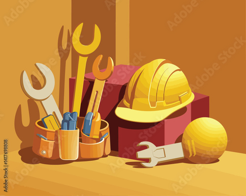 2d vector colorful poster for labor day , work industry equipment , worker , safety .
