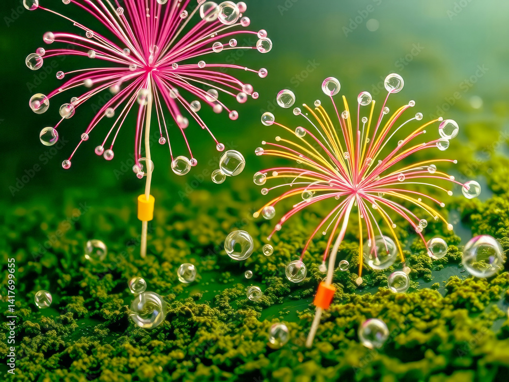 Two fireworks are on a green field. The fireworks are colorful and sparkly