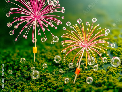 Two fireworks are on a green field. The fireworks are colorful and sparkly