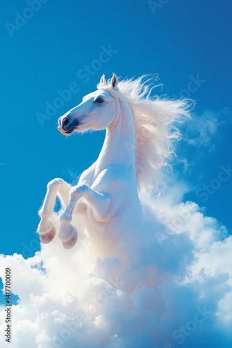 A white horse is flying through the air in the clouds