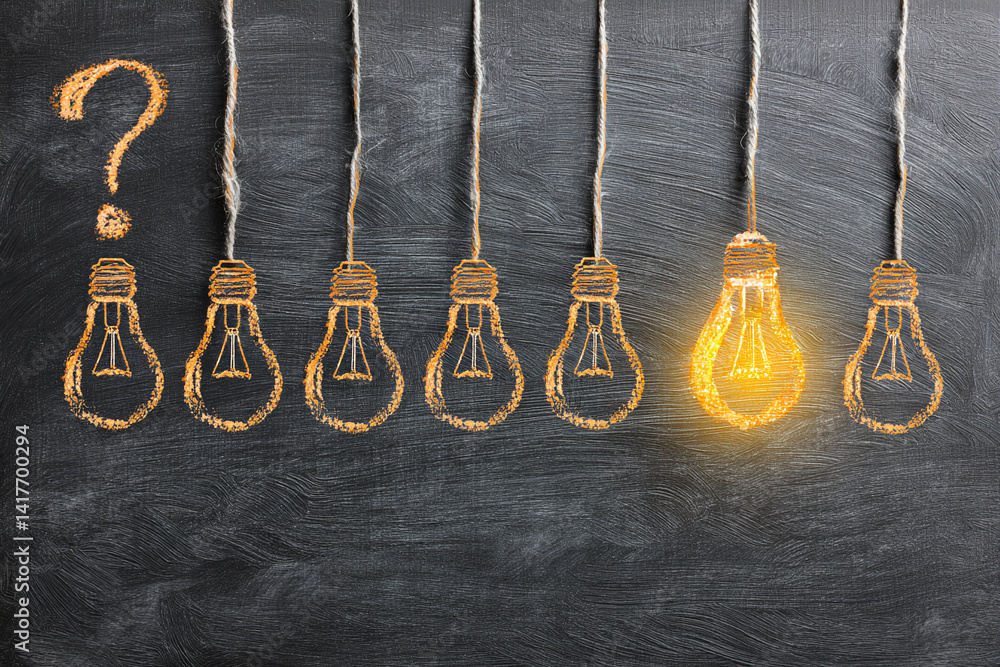 Chalk-drawn lightbulbs on dark background, one glowing brightly, symbolizing unique idea or solution, problem-solving, innovation, creativity, and potential Chalk-drawn lightbulbs on dark background, one glowing brightly, symbolizing unique idea or solution, problem-solving, innovation, creativity, and potential