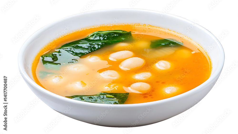 White bean soup with spinach in a bowl isolated on white background White bean soup with spinach in a bowl isolated on white background