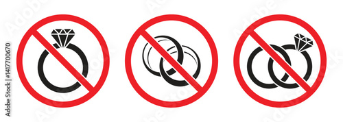 Vector icon of prohibited from carrying jewelry. Sign disallowed rings, jewellery, diamonds. Warning, alert and information symbol icon for the public. Vector illustration