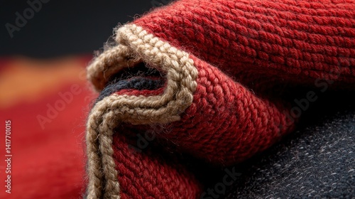 Close-up of textured red and cream knitted fabric, draped over dark fabric, blurred background