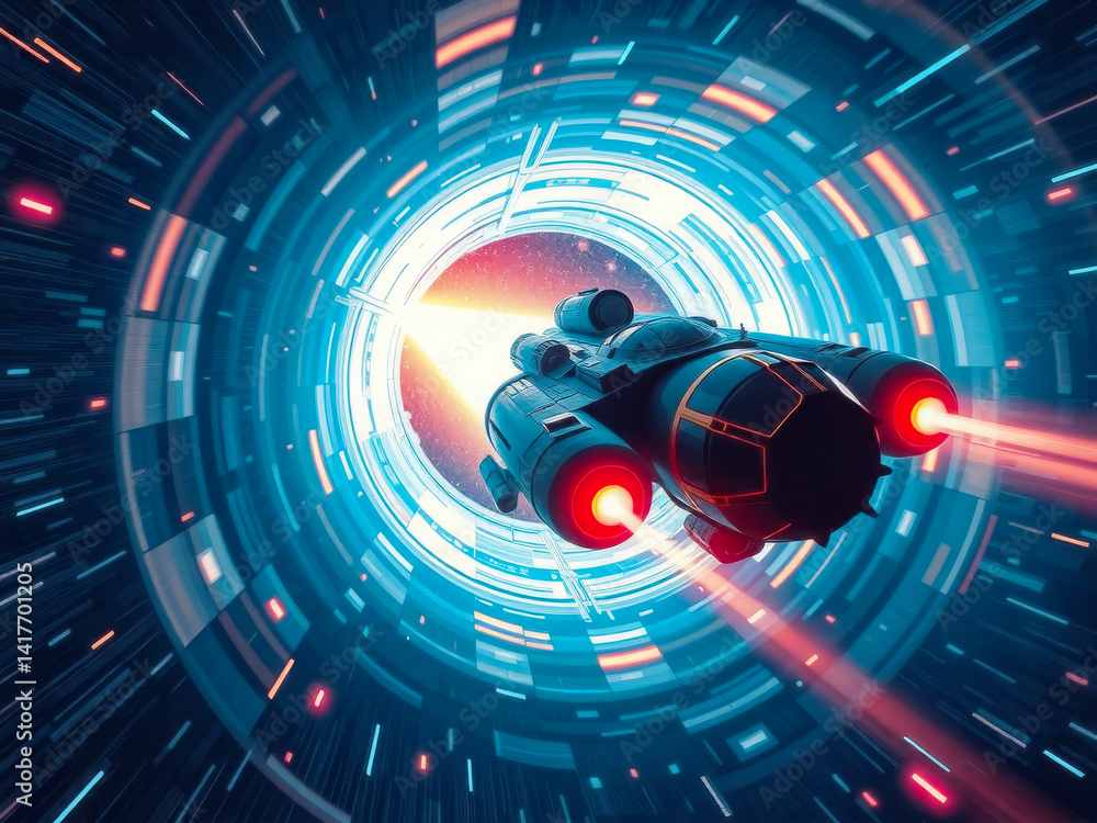 A spaceship is flying through a tunnel in space. The tunnel is blue and has a red light on the side. The spaceship is shooting out red lights