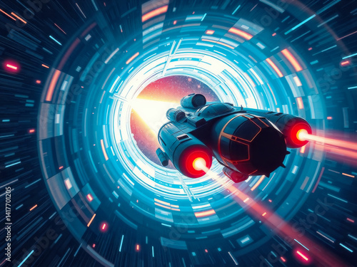 Obraz na płótnie A spaceship is flying through a tunnel in space. The tunnel is blue and has a red light on the side. The spaceship is shooting out red lights w salonie