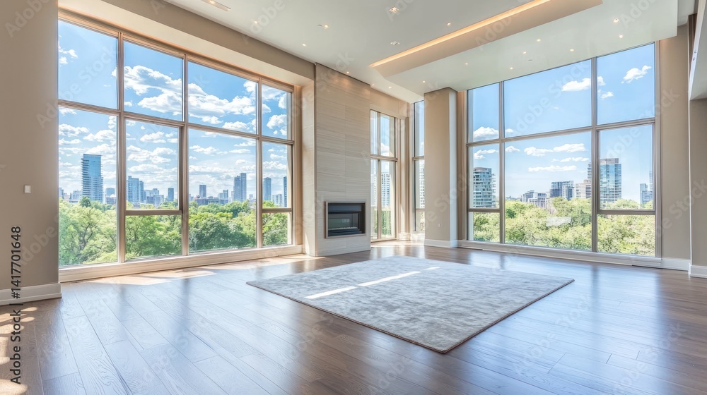 Fototapeta premium A spacious living room with floor-to-ceiling windows, allowing natural light to flood the space.