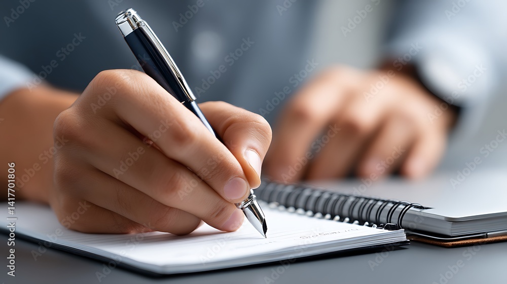 Hand Holding Pen Writing in Notebook on Desk with Soft Lighting and Personal Touch of Creativity Hand Holding Pen Writing in Notebook on Desk with Soft Lighting and Personal Touch of Creativity