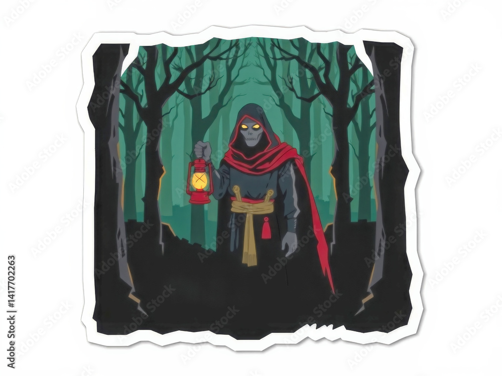 A man in a red cloak holding a lantern in a dark forest. Scene is eerie and mysterious