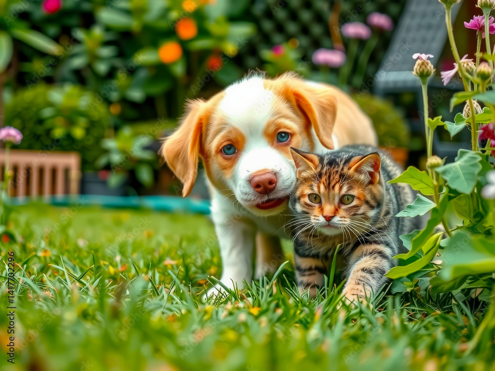 A dog and a cat are playing together in a grassy area. The dog is brown and white, while the cat is black and white. The scene is lively and playful, with the two animals enjoying each other's company
