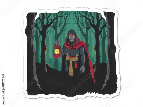 Obraz na płótnie A man in a red cloak holding a lantern in a dark forest. Scene is eerie and mysterious w salonie