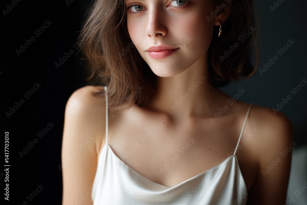 Serene woman portrait in indoor setting looking at camera for commercial use Serene woman portrait in indoor setting looking at camera for commercial use