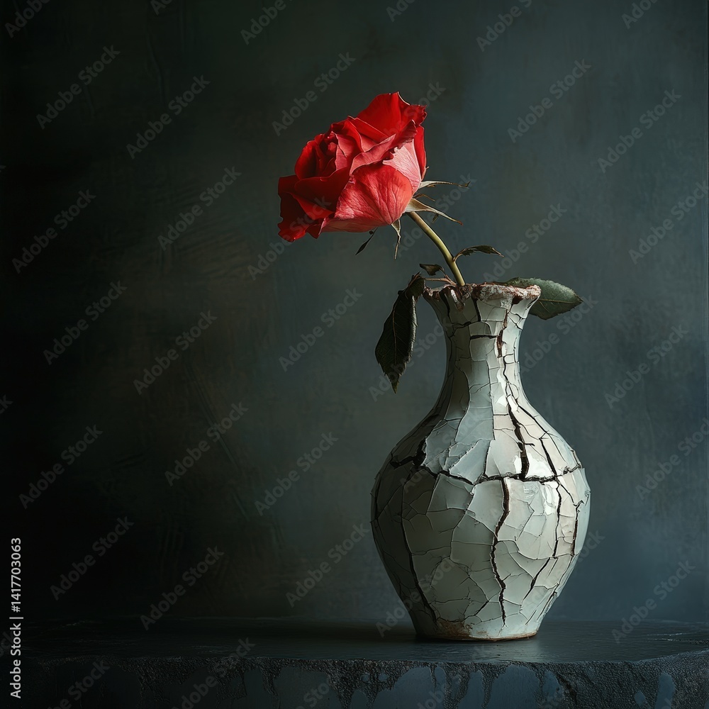 A wilting rose placed inside a cracked vase under soft directional light, portraying the symbolic expression of emotional pain, fragility, and silent sorrow in a minimalist setting with moody tones