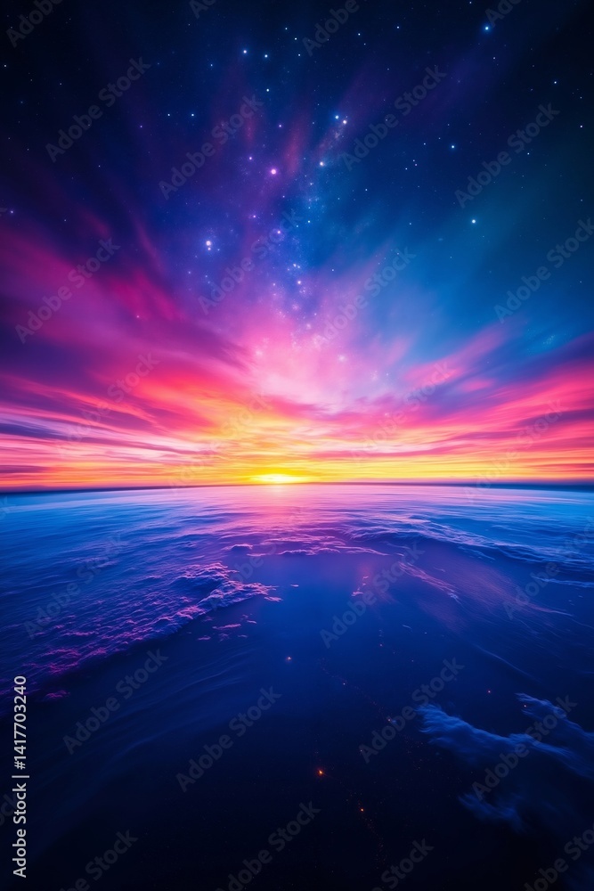 Obraz premium A colorful sunset over the ocean with stars in the sky
