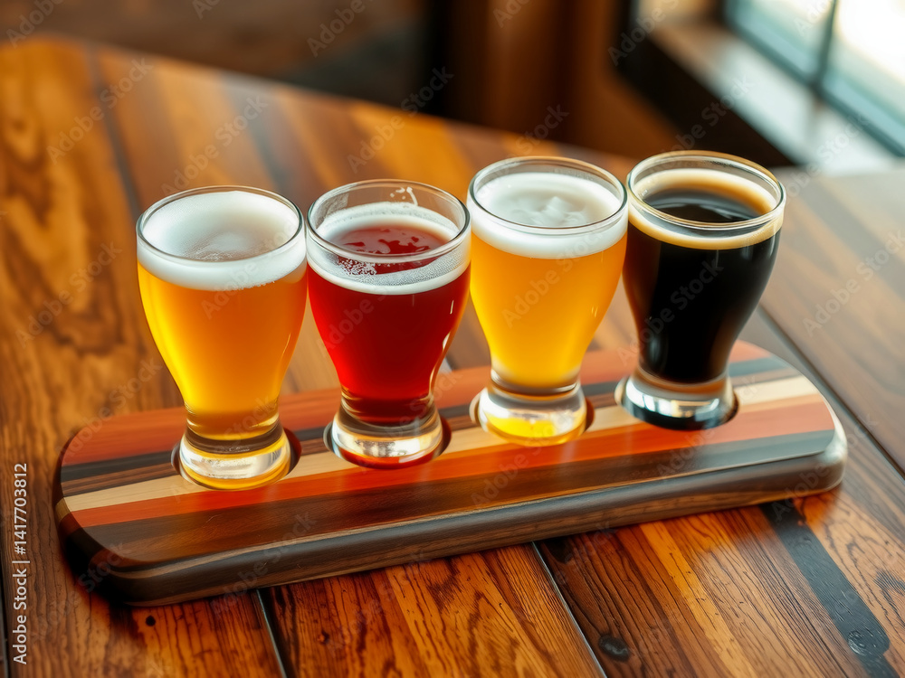 A wooden tray with four glasses of beer on it. The glasses are of different colors and sizes