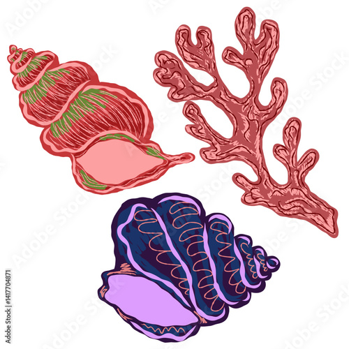 stylized technique. Marine world,  texture, pencil marker strokes. Vector element	