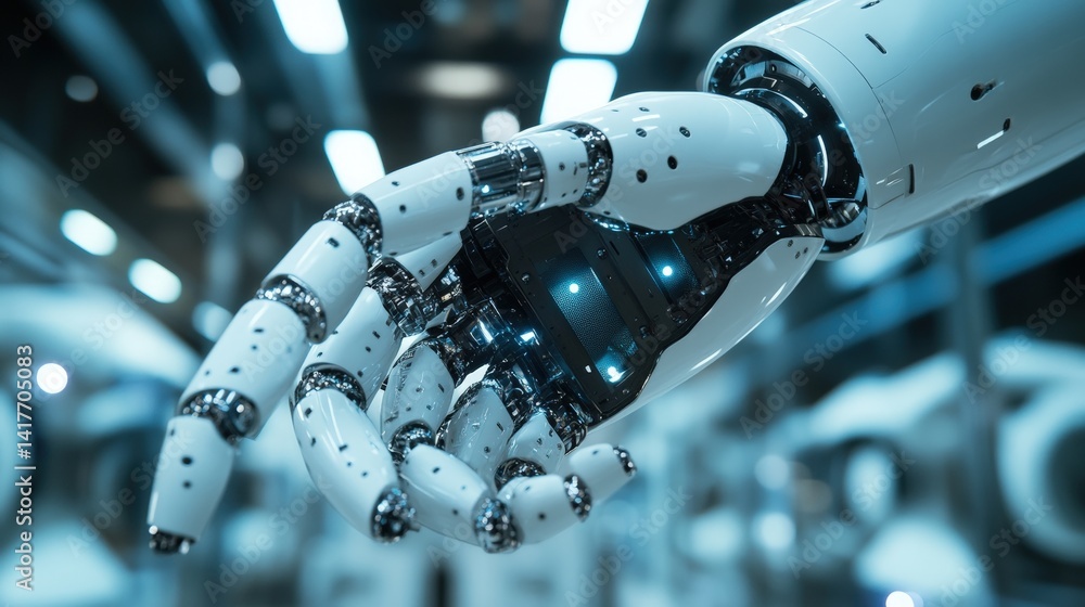 Fototapeta premium Close-up of a robotic arm manipulating a single qubit inside a futuristic quantum computing lab, where engineers explore quantum coherence and advanced automation in artificial intelligence research.